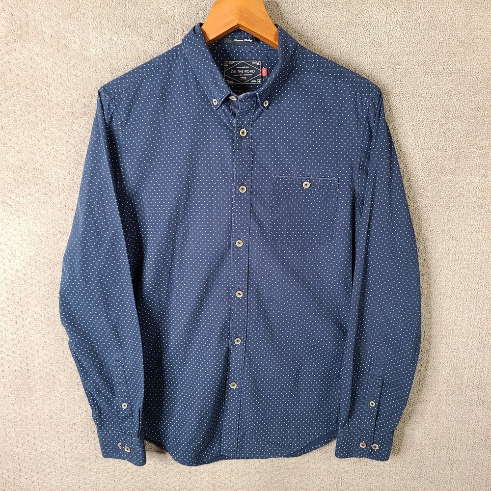 On The Road Shirt Mens S Blue White Polka Dot Button‎ Down Shirt Slim Fit Casual
